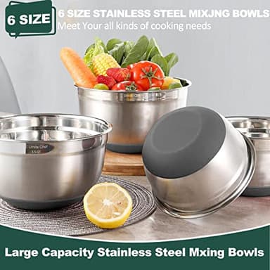 Umite Chef Mixing Bowls with Airtight Lids，6 piece Stainless Steel Metal Nesting Storage Bowls, Non-Slip Bottoms Size 7, 3.5, 2.5, 2.0,1.5, 1QT, Great for Mixing & Serving(Grey) - Image 2