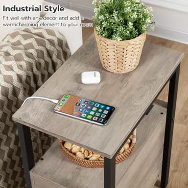 HOOBRO End Table with Charging Station, Narrow Side Table with 2 Drawers & USB Ports & Power Outlets, Nightstand for Small Spaces, Bedroom, Living Room, Stable and Sturdy, Greige and Black BG541BZ01 - Image 8