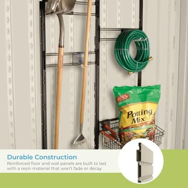 Suncast 8’x10’ Tremont Resin Shed, Vanilla & Slate – Backyard Storage Unit with Skylights, Corner Shelves, Reinforced Floor & Double Doors – Store Lawn Mower, Garden Equipment & Outdoor Tools - Image 6