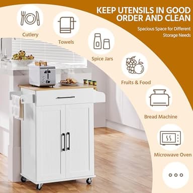 Yaheetech Kitchen Cart with Bamboo Tabletop, 32" Width Rolling Kitchen Island with Drawer and Adjustable Shelf, Storage Cabinet with Spice Rack Towel Bar for Dining Room Kitchen Living Room, White - Image 9