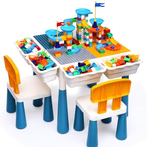 Arscniek Toddlers Activity Table 7 in 1 Kids Activity Tables and Chair Set with 152Pcs Large Marble Run Building Blocks, Sand/Water Tables, Kids Learning Play Table Toys for Girls Boys Toddler Age 3-7 - Image 1