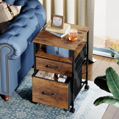 DEVAISE 2 Drawer Mobile File Cabinet, Rolling Printer Stand with Open Storage Shelf, Fabric Vertical Filing Cabinet fits A4 or Letter Size for Home Office, Rustic Brown Wood Grain Print - Image 2
