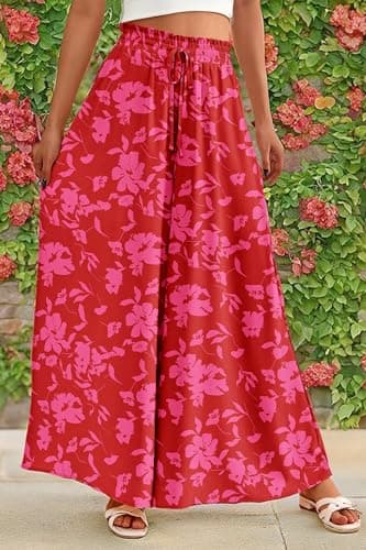 PRETTYGARDEN Women's 2025 Summer Wide Leg Palazzo Pants High Waisted Flowy Pockets Trendy Casual Lounge Boho Beach Trousers (Print Red,Medium) - Image 8