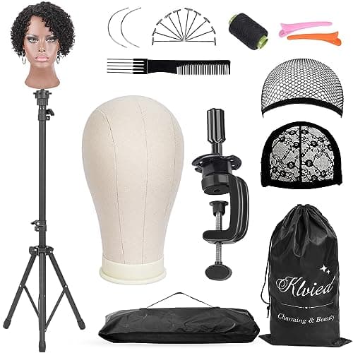 Klvied Reinforced Wig Mannequin Stand with Head, Dual-use 22 Inch Canvas Wig Head Display, Adjustable Clamp Wig Holder, Manikin Head Set for Cosmetology Hairdressing Training with Carrying Storage Bag - Image 1