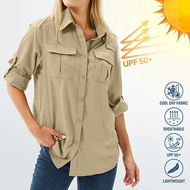 Toumett Women's UPF 50 Long Sleeve UV Sun Protection Safari Shirts Outdoor Quick Dry Fishing Hiking Travel Shirts(5071,Khaki,L) - Image 6