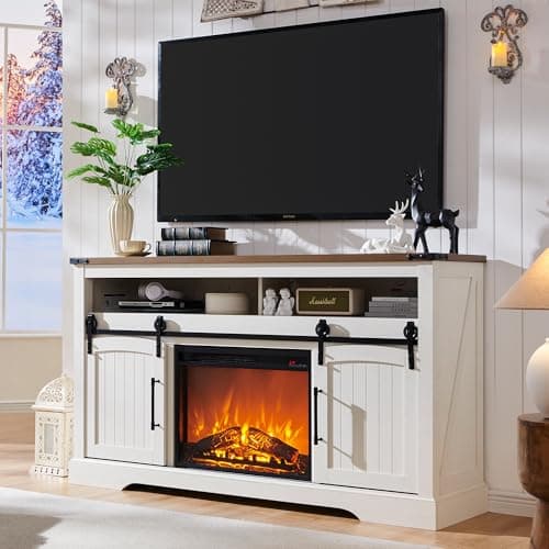 OKD Farmhouse Fireplace TV Stand for 70 Inch TV, 33" Tall Highboy Entertainment Center w/Electric Fireplace, Rustic Media Console w/Sliding Arched Door for Living Room,Antique White - Image 1