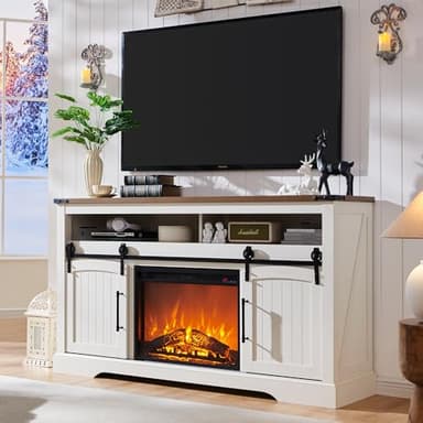 OKD Farmhouse Fireplace TV Stand for 70 Inch TV, 33" Tall Highboy Entertainment Center w/Electric Fireplace, Rustic Media Console w/Sliding Arched Door for Living Room,Antique White - Image 1