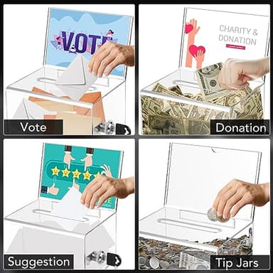 VOISEN Clear Donation Box with Lock,2 Pack Ballot Box with Sign Holder,Suggestion Box for Fundraising, Voting Box with Slot for School,Conference 6.2x4.6x3.9 Inch - Image 5