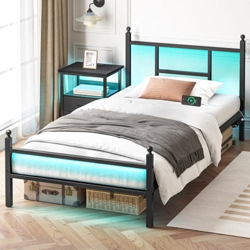 Fixwal Twin Bed Frame with Charging Station, Metal Bed Frame with Port and Outlet, Black - Image 1