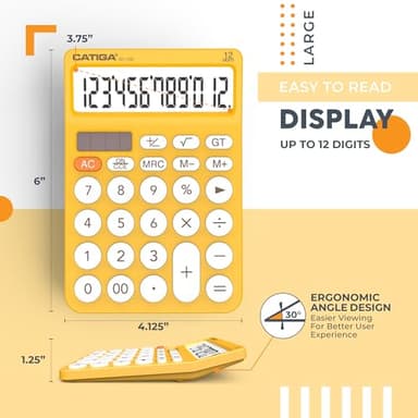 CATIGA 12 Digit Desktop Calculator Basic Desk Calculator with Large LCD Display, Big Buttons, 4 Function, Solar and Battery Dual Power, for Office, School, Home, SD-1292 Yellow - Image 3