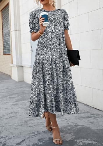 PRETTYGARDEN Summer Dresses for Women 2025 Casual Floral Boho Midi Sun Dress Puff Short Sleeve Flowy Beach Vacation Sundress (Black/White,Large) - Image 8