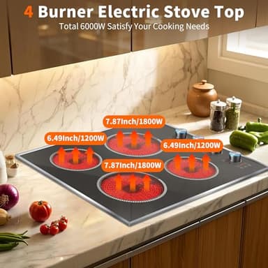 Pladeca 4 Burner Electric Cooktop, 24 Inch Electric Stove 6000W, 220V-240V Built-in Ceramic Stovetop with Knob Control, Child Lock, Timer Control, Residual Heat Indicator, Hard Wire(No Plug) - Image 2