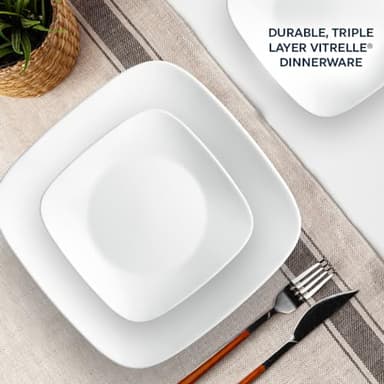 Corelle Vitrelle 18-Piece Service for 6 Square Dinnerware Set Triple Layer Glass and Chip Resistant, Lightweight Square Plates and Bowls Set, Pure White - Image 3