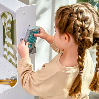 KidKraft Ultimate Corner Wooden Play Kitchen with Lights & Sounds, Play Phone and Curtains, White - Image 8