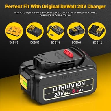 6.0Ah Replacement for Dewalt 20V Max Battery Compatible with Dewalt 20V Battery DCB200 DCB203 DCB204 DCB205 DCB206 N123283 N123282 DCD DCF DCG DCS DCK Series Cordless Power Tools(2 Pack) - Image 6
