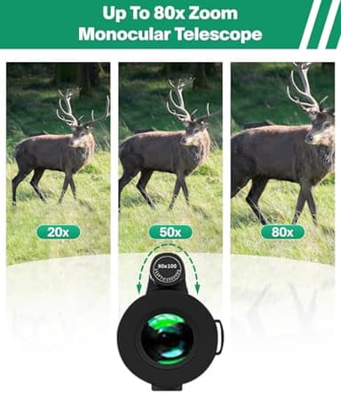 Monocular Telescope 80x100 High Power with Smartphone Adapter Tripod,Larger Vision Monoculars for Adults with BAK4 Prism & FMC Lens, Suitable for Bird Watching Hunting Hiking Camping Wildlife-Green - Image 4