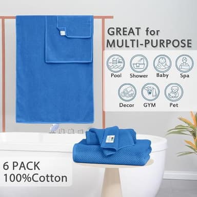 VOOVA & MOVAS Blue Towels - 100% Cotton | Quick Dry | Lightweight | Thick | Soft, 6 Piece Towels Set, 2 Large Bath 30"x56", 2 Hand 18"x28", 2 Washcloths 13"x13", Bath Towel Gift Set - Image 3