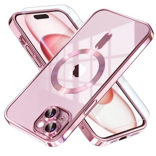 Misea Magnetic for iPhone 15 Plus Case Compatible with MagSafe [Never Yellowing] [Military Grade Drop Protection] Full Camera Lens Protector Plating Soft Clear Phone Case for Women, Pink - Image 1