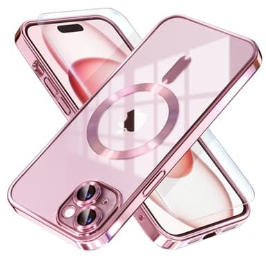 Misea Magnetic for iPhone 15 Plus Case Compatible with MagSafe [Never Yellowing] [Military Grade Drop Protection] Full Camera Lens Protector Plating Soft Clear Phone Case for Women, Pink - Image 1