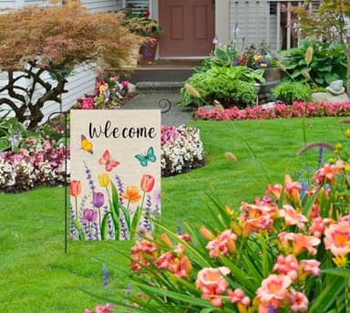 Spring Summer Tulip Lavender Welcome Easter Garden Flag 12 x 18 Inch Double Sided, Butterfly Floral Small Burlap Yard Outdoor Flag Seasonal Outside Decoration - Image 3