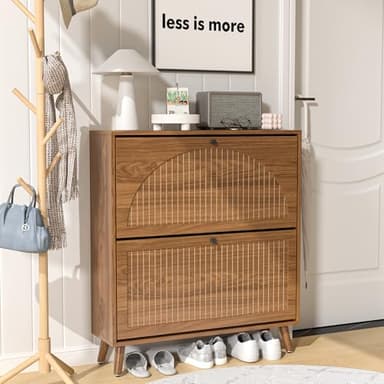Fsbecl Shoe Storage Cabinet for Entryway with 2 Flip Drawers, Narrow Wood Shoe Cabinet with Fluted Panel, Freestanding Hidden Shoe Organizer for Foyer, Hallway (Walnut) - Image 9