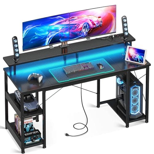 ODK 55 inch Computer Desk with Power Outlets & LED Lights, Gaming Desk with Monitor Stand & Storage Sheves, Home Office Desk, Carbon Fiber Black - Image 1