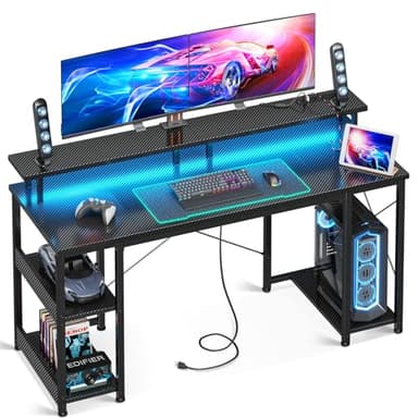 ODK 55 inch Computer Desk with Power Outlets & LED Lights, Gaming Desk with Monitor Stand & Storage Sheves, Home Office Desk, Carbon Fiber Black - Image 1