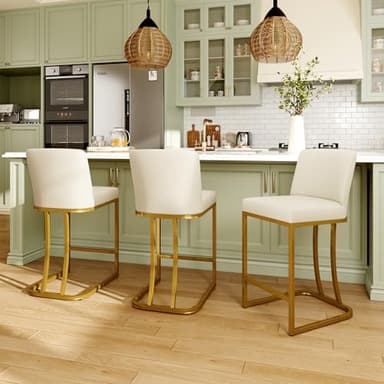 MAISON ARTS Off White & Gold Counter Height Bar Stools with Back Set of 4 for Kitchen Counter 24 Inch Modern Upholstered Faux Leather Barstools Farmhouse Bar Chairs Luxury Island Stools Support 330LBS - Image 3