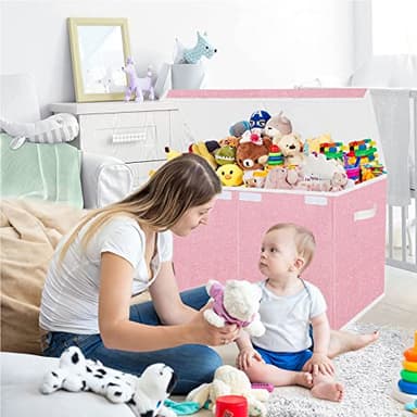 Pantryily Toy Storage Box for Girls, Large Kids Toy Chest Boxes Organizers and Storage with Lids & Handles for Nursery,Playroom 24.5"x13"x16"(Pink) - Image 3