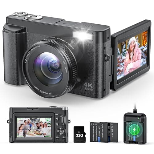 4K Digital Camera for Photography and Video, Autofocus Anti-Shake 48MP Vlogging Camera for YouTube, 3'' 180°Flip Screen Camera with Flash 16X Zoom, Digital Camera with 32GB Card Battery Charger Black - Image 1
