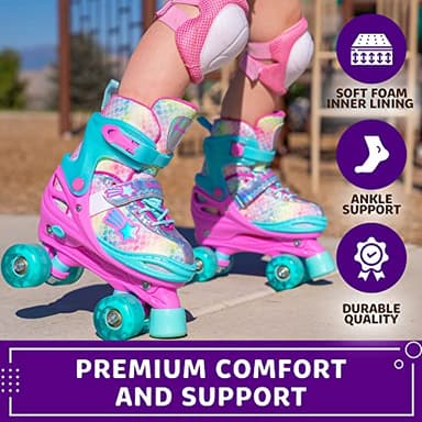 Xino Sports Adjustable Roller Skates for Girls - Fun Illuminating LED Light-Up Wheels, Comfortable Design for Indoor & Outdoor Use (Rainbow, Small - J10-J13) - Image 7