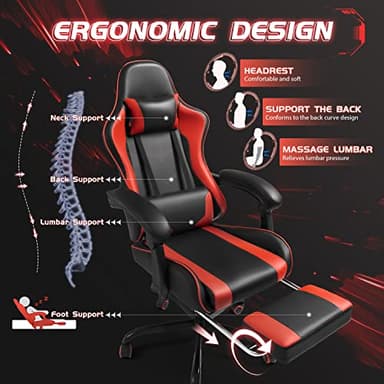 Shahoo Gaming Chair with Footrest and Massage Lumbar Support, Ergonomic Computer Chairs 360°Swivel and Height Adjustable Seat with Headrest for Office or Bedroom, Study Room, Red - Image 5