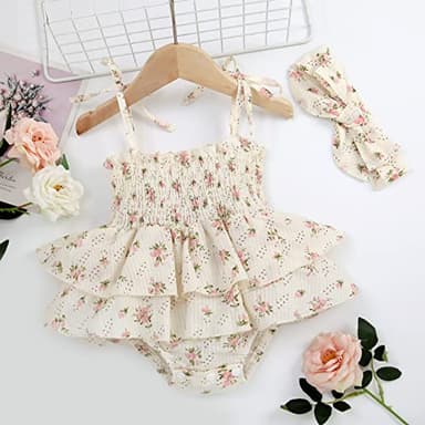 Baby Girls Daisy Playsuits Bodysuit+Headband Print Halter Romper Floral Jumpsuit Infant Summer Clothes (Y-Beige, 0-3 Months) - Image 3