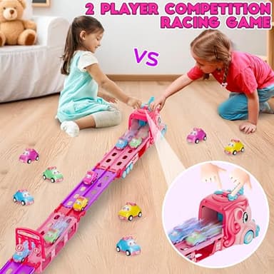 Funwee Unicorn Car Toys for 2 3 4 5 6 7 Year Old Toddler Girls,Princess Carrier Truck with Sound & Lights,2 Player Race Mode Foldable Track Pink Car Toys,Birthday Gift Idea for Kids - Image 3