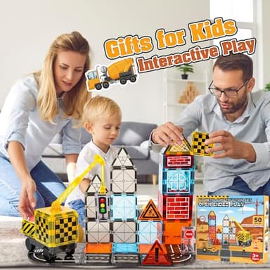 Magnetic Tiles Kids Construction Toys - Road Set with Magnet Crane for Boys Age 3-5 4-8 8-10, Magnet Building Blocks Expansion Pack Toy Car Track Train Set, Road, Dolls, Traffic Lights and Stations - Image 8