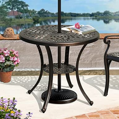 DWVO 30 Inches Round Patio Dining Table with Umbrella Hole, Antique Cast Aluminum Outdoor Bistro Table Outdoor Side Table for Backyard, Garden, Patio, Porch, Hammered Bronze - Image 2