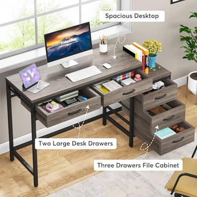 Tribesigns Computer Desk with 5 Drawers, Home Office Desks with Reversible Drawer Cabinet Printer Stand, Industrial PC Desk with Storage, Grey Study Writing Table Workstation for Small Spaces - Image 6
