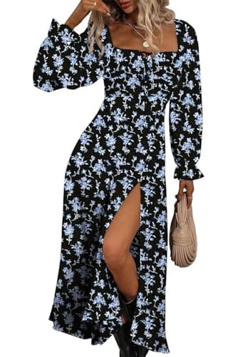 BLENCOT Casual Womens Square Neck Long Sleeve Split Thigh Dress Boho Floral Print Flowy Tie Front Midi Dresses Black Blue L - Image 5