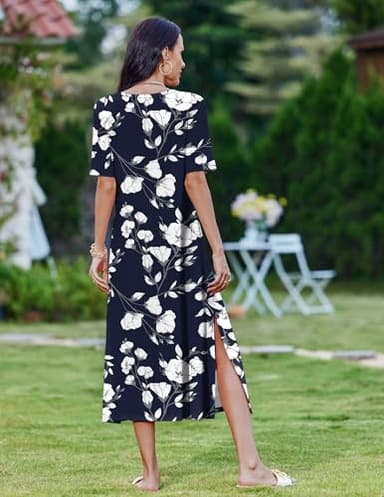 Zeagoo Shirt Dresses for Women 2025 Half Sleeve Sundresses O Neck Cover Up Navy Womens Flower Print Dress Long Maxi Dresses Casual Summer A Line Tshirt Slit Vacation Dress with Pockets Navy Floral XL - Image 5