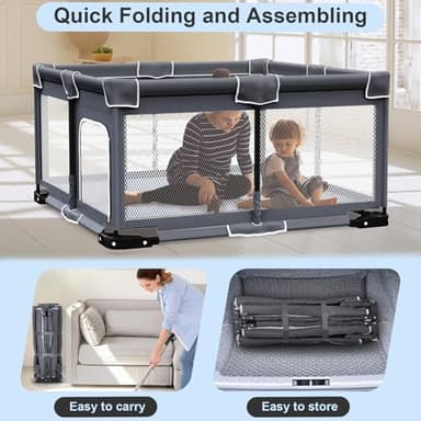 Grobeybees Foldable Baby Playpen with Mat, Foldable Playpen for Babies and Toddlers, Folding Portable Kids Play Pen, Collapsible Play Yard with 2 Handles + Suitable Size Mat(Grey, 50x50 inches) - Image 3