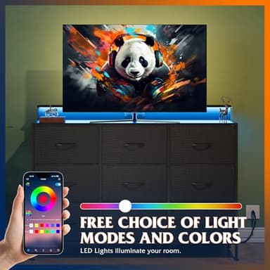 WLIVE Black TV Stand for 45, 50, 55 inch TV, Entertainment Center with LED Lights & Charging Station, TV Media Console Table with 9 Fabric Drawers and Open Shelves for Living Room, Hallway, Wood Top - Image 8