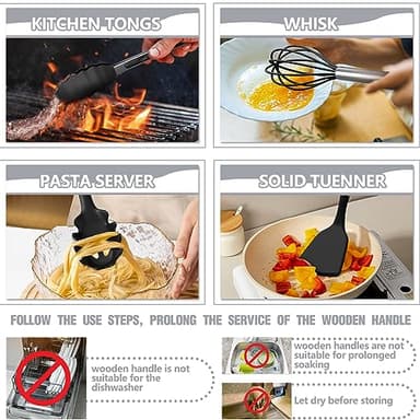 Kitchen Utensils Set- 34PCS Silicone Cooking Utensils with Holder, Umite Chef Heat Resistant Kitchen Utensil Spatula Set for Nonstick Cookware, Black Wooden Handles Kitchen Gadgets Tools Set - Image 5