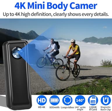 HJBDGS Body Camera 128GB, 4K 30FPS Action Camcorder, Hands Free Sports Camera with Magnetic Back Clip, Mini Body Cam POV Records with Audio and Video Recording for Traveling Cycling Vlogging - Image 2