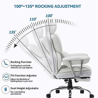 Efomao Big and Tall Office Chair 400lbs – High Back PU Leather Executive Chair with Lumbar Support, Footrest, Swivel Base, Padded Armrests, and Rolling Wheels for Home Office, White Computer Chair - Image 3
