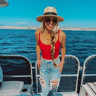 FURTALK Womens Mens Wide Brim Straw Panama Hat Fedora Summer Beach Sun Hats UPF Straw Hat for Women Beige-White - Image 7