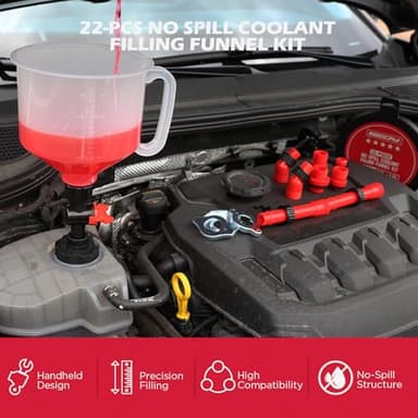 22-Piece No-Spill Coolant Filling Funnel Kit and Siphon Hose Pump, Radiator Coolant Filling Spill-Proof Funnel Kit with Adapters, Extensions, PVC Hose, Engine Oil Funnels, Towel for Universal Vehicle - Image 8