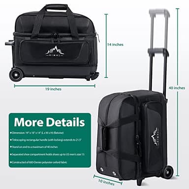 GoHimal Double Roller 2 Ball Bowling Bag with Separate Shoe Compartment for Bowling Shoes (Up To US Mens Size 15) and Oversized Accessory Pocket, Retractable Handle - Extends to 40" (Black) - Image 6