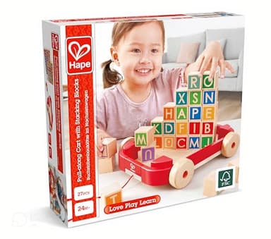 Hape: Pull-Along Cart with Stacking Blocks - Wooden Toy, ABC Letter Blocks, Load Into String Trailer & Take Along, Indoor/Outdoor, Kids Toddler Ages 2+ - Image 7