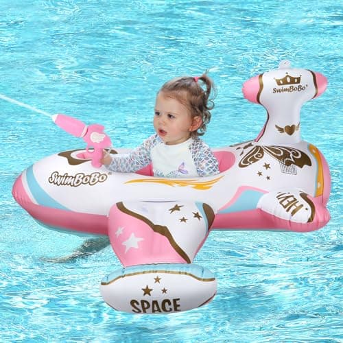 Swimbobo Toddler Pool Float with Seat Boat Inflatable Ride-on Airplane Baby Floatie for Kids Outdoor Toys(Pink Airplane) - Image 1