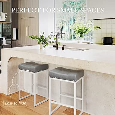 LUE BONA Counter Height Bar Stools, 24" Square Saddle BarStools Set of 4, Modern Backless Faux Leather Counter Stool with White Metal Legs for Kitchen Island Counter,Home Bar,Bistro,Grey - Image 5
